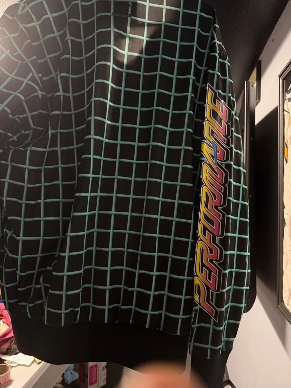 adidas Black Jacket with Teal Grid and Pink-Yellow Racing Graphic